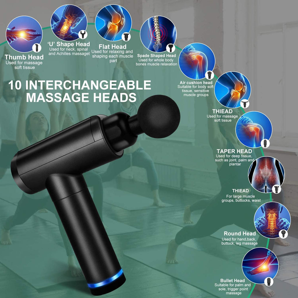 Massage Gun, Muscle Therapy Gun, Hand Held Body Deep Muscle Massager with 30 Adjustable Speeds, 10 Types of Massage Heads, Quiet & Comfortable Muscle Soreness Relieves